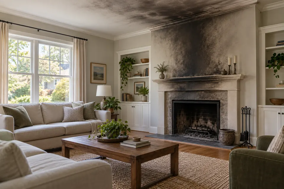 Generated illustration of a residential room with smoke residue after a fire.