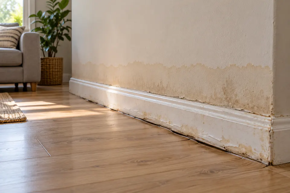 Generated illustration of a residential wall with water-damaged baseboard.