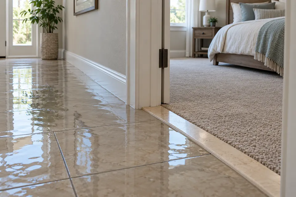 Generated illustration of water contained near a residential doorway.